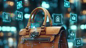 Image d’un sac à main en cuir classique posé sur un fond sombre, entouré de symboles blockchain flottants (blocs, chaînes, cadenas, boucliers) pour mettre en avant la sécurité et la traçabilité des articles de luxe
